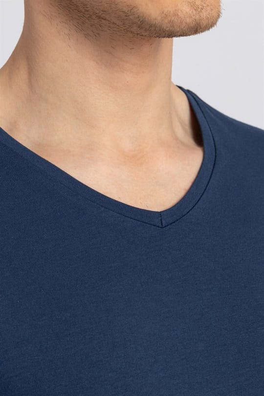 Erkek Slim Fit Dar Kesim Pamuklu Düz Basic Uzun Kol İndigo V Yaka Penye