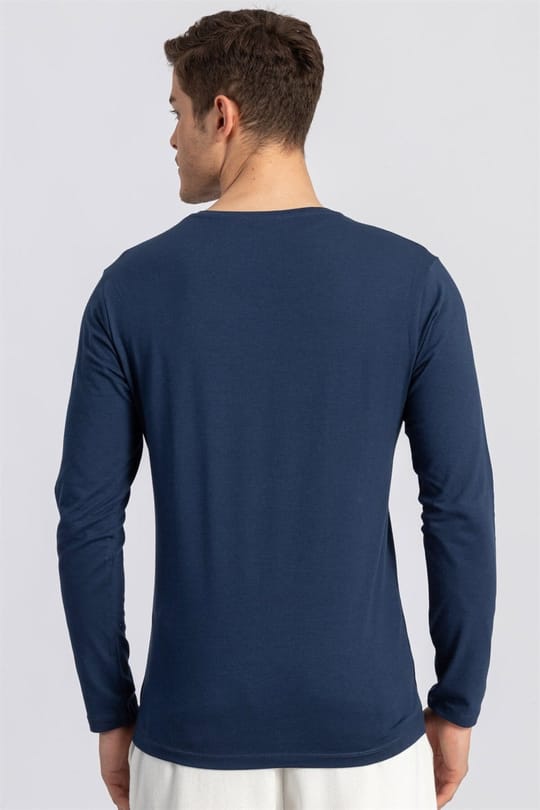 Erkek Slim Fit Dar Kesim Pamuklu Düz Basic Uzun Kol İndigo V Yaka Penye