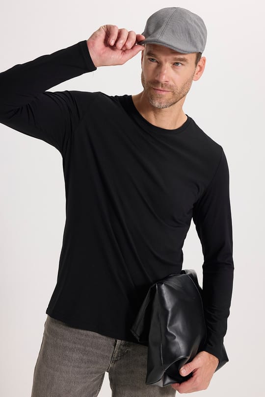 Erkek Slim Fit Dar Kesim Pamuklu Yumuşak Dokulu Bisiklet Yaka Likralı Siyah Sweatshirt