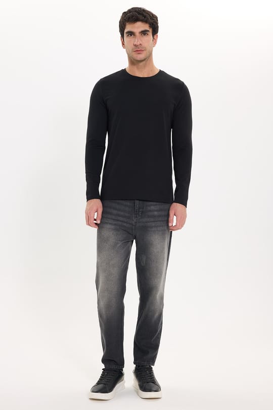 Erkek Slim Fit Dar Kesim Pamuklu Yumuşak Dokulu Bisiklet Yaka Likralı Siyah Sweatshirt