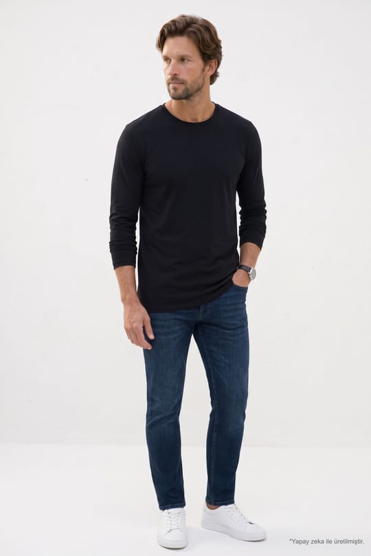 Erkek Slim Fit Dar Kesim Pamuklu Yumuşak Dokulu Bisiklet Yaka Likralı Siyah Sweatshirt