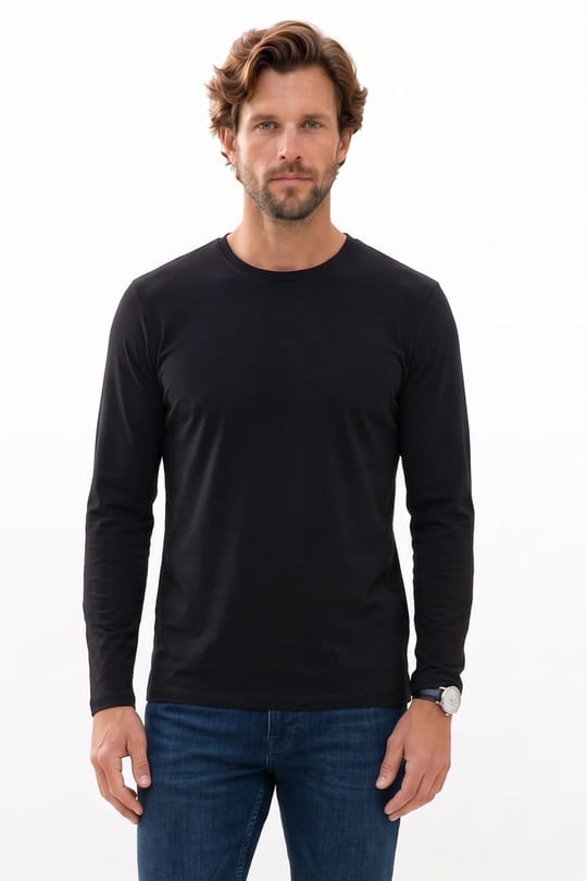 Erkek Slim Fit Dar Kesim Pamuklu Yumuşak Dokulu Bisiklet Yaka Likralı Siyah Sweatshirt