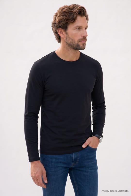 Erkek Slim Fit Dar Kesim Pamuklu Yumuşak Dokulu Bisiklet Yaka Likralı Siyah Sweatshirt