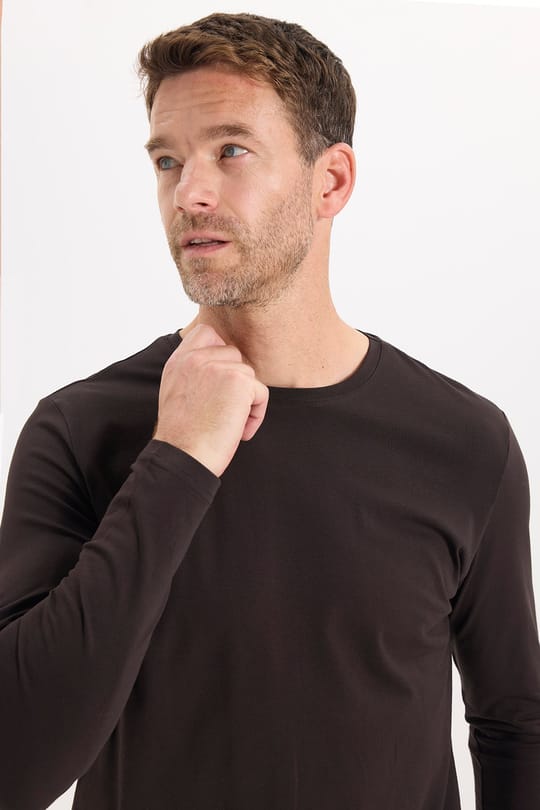 Erkek Slim Fit Dar Kesim Pamuklu Yumuşak Dokulu Bisiklet Yaka Likralı Kahverengi Sweatshirt