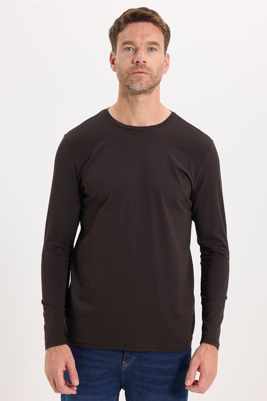Erkek Slim Fit Dar Kesim Pamuklu Yumuşak Dokulu Bisiklet Yaka Likralı Kahverengi Sweatshirt