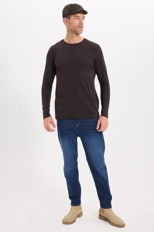 Erkek Slim Fit Dar Kesim Pamuklu Yumuşak Dokulu Bisiklet Yaka Likralı Kahverengi Sweatshirt