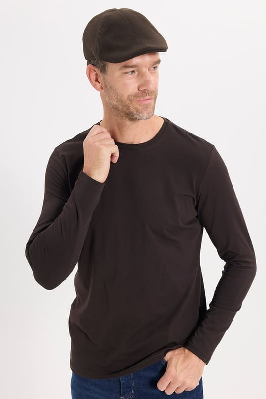 Erkek Slim Fit Dar Kesim Pamuklu Yumuşak Dokulu Bisiklet Yaka Likralı Kahverengi Sweatshirt