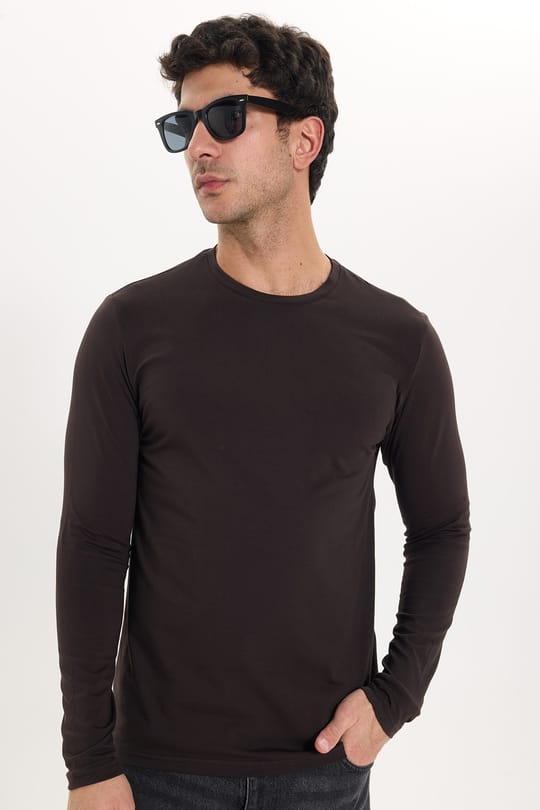Erkek Slim Fit Dar Kesim Pamuklu Yumuşak Dokulu Bisiklet Yaka Likralı Kahverengi Sweatshirt