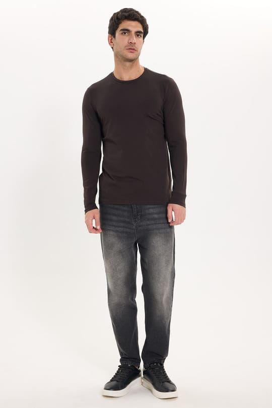 Erkek Slim Fit Dar Kesim Pamuklu Yumuşak Dokulu Bisiklet Yaka Likralı Kahverengi Sweatshirt