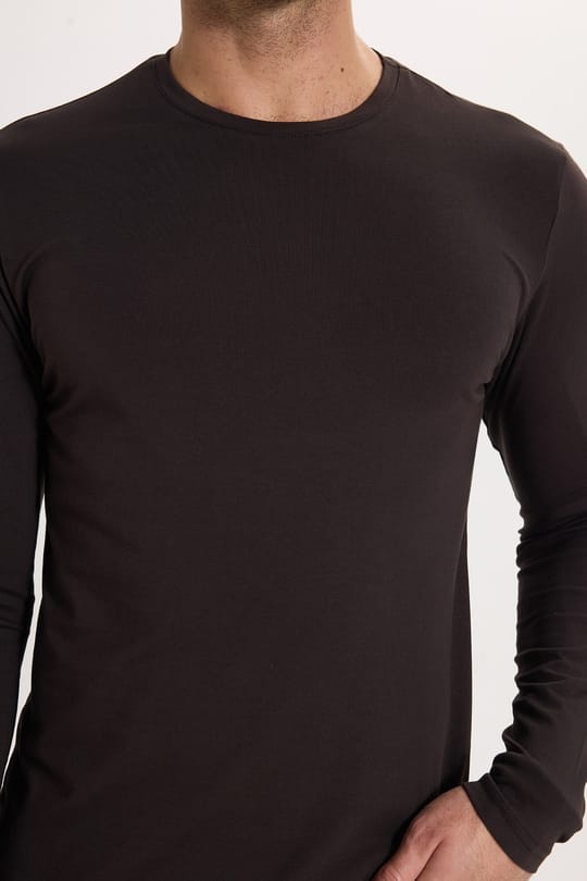 Erkek Slim Fit Dar Kesim Pamuklu Yumuşak Dokulu Bisiklet Yaka Likralı Kahverengi Sweatshirt