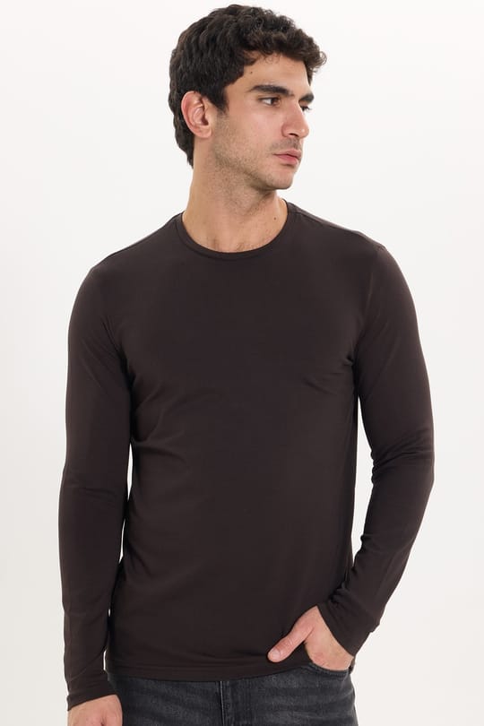 Erkek Slim Fit Dar Kesim Pamuklu Yumuşak Dokulu Bisiklet Yaka Likralı Kahverengi Sweatshirt