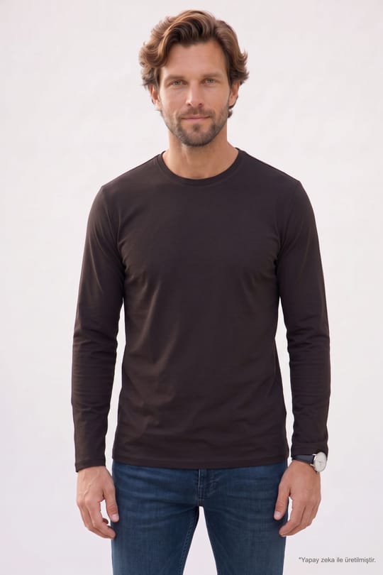 Erkek Slim Fit Dar Kesim Pamuklu Yumuşak Dokulu Bisiklet Yaka Likralı Kahverengi Sweatshirt