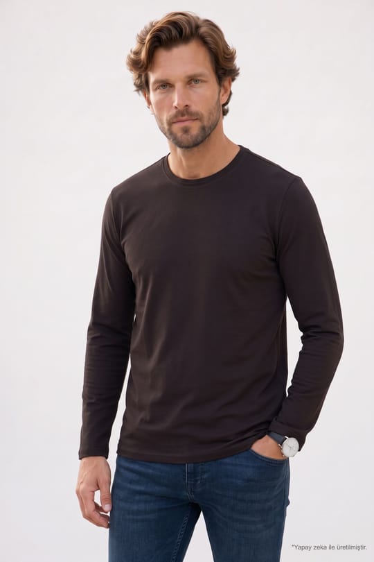 Erkek Slim Fit Dar Kesim Pamuklu Yumuşak Dokulu Bisiklet Yaka Likralı Kahverengi Sweatshirt