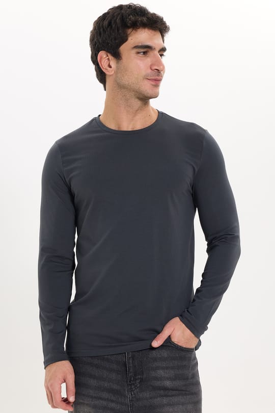 Erkek Slim Fit Dar Kesim Pamuklu Yumuşak Dokulu Bisiklet Yaka Likralı Gri Sweatshirt