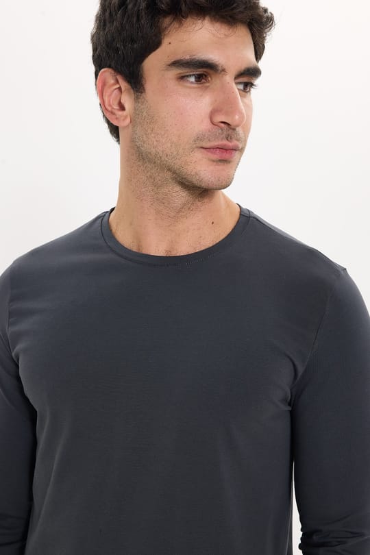 Erkek Slim Fit Dar Kesim Pamuklu Yumuşak Dokulu Bisiklet Yaka Likralı Gri Sweatshirt