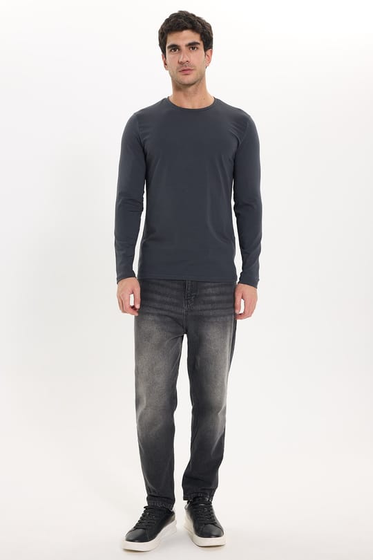 Erkek Slim Fit Dar Kesim Pamuklu Yumuşak Dokulu Bisiklet Yaka Likralı Gri Sweatshirt