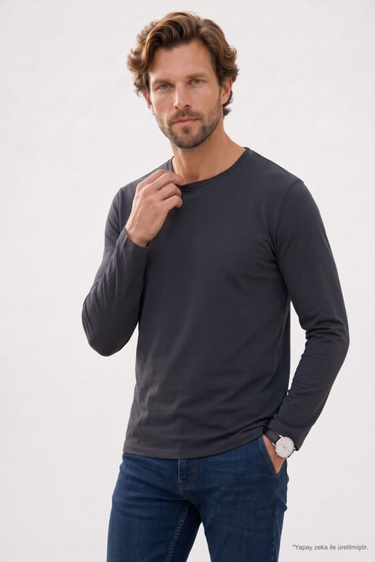 Erkek Slim Fit Dar Kesim Pamuklu Yumuşak Dokulu Bisiklet Yaka Likralı Gri Sweatshirt
