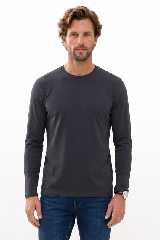 Erkek Slim Fit Dar Kesim Pamuklu Yumuşak Dokulu Bisiklet Yaka Likralı Gri Sweatshirt