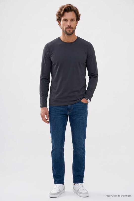 Erkek Slim Fit Dar Kesim Pamuklu Yumuşak Dokulu Bisiklet Yaka Likralı Gri Sweatshirt