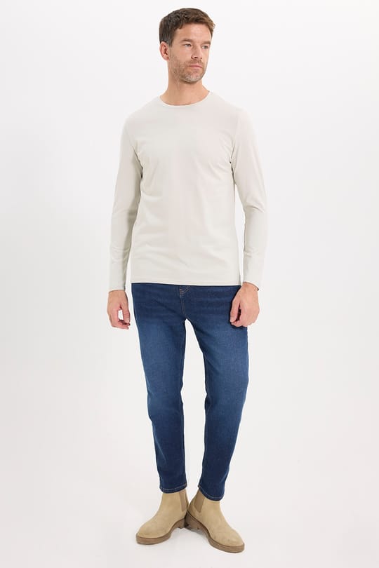 Erkek Slim Fit Dar Kesim Pamuklu Yumuşak Dokulu Bisiklet Yaka Likralı Ekru Sweatshirt