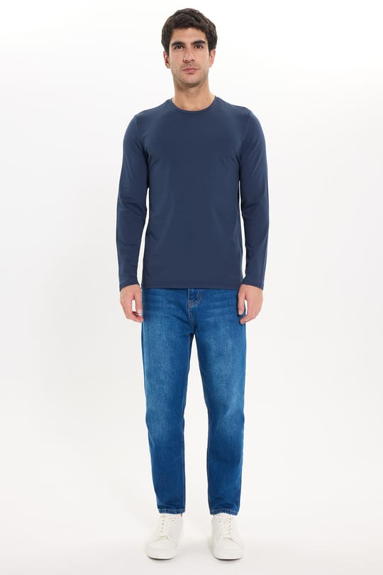 Erkek Slim Fit Dar Kesim Pamuklu Yumuşak Dokulu Bisiklet Yaka Likralı Lacivert  Sweatshirt