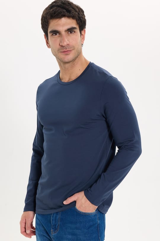 Erkek Slim Fit Dar Kesim Pamuklu Yumuşak Dokulu Bisiklet Yaka Likralı Lacivert  Sweatshirt