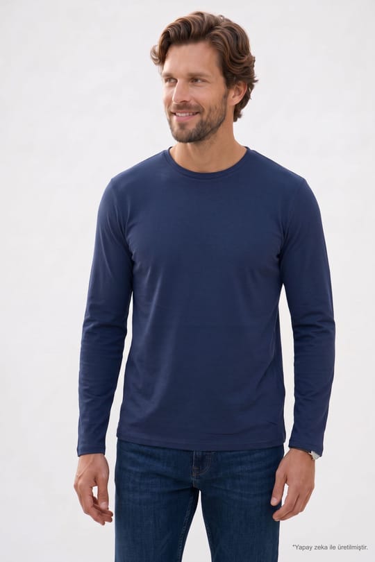 Erkek Slim Fit Dar Kesim Pamuklu Yumuşak Dokulu Bisiklet Yaka Likralı Lacivert  Sweatshirt