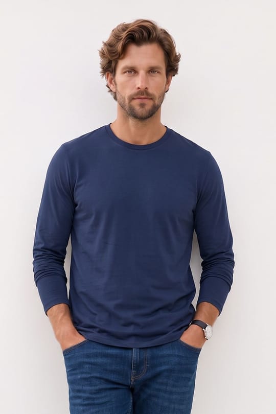 Erkek Slim Fit Dar Kesim Pamuklu Yumuşak Dokulu Bisiklet Yaka Likralı Lacivert  Sweatshirt