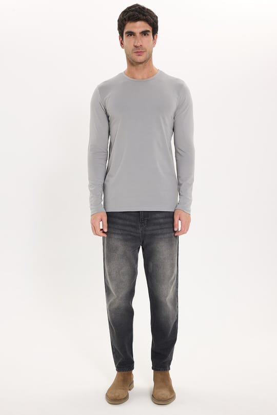 Erkek Slim Fit Dar Kesim Pamuklu Yumuşak Dokulu Bisiklet Yaka Likralı Gri Sweatshirt
