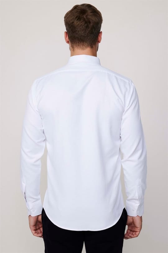 Modern Slim Fit Uzun Kollu Pamuklu Kolay Ütü Armürlü Erkek Beyaz Gömlek