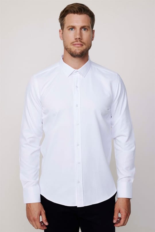 Modern Slim Fit Uzun Kollu Pamuklu Kolay Ütü Armürlü Erkek Beyaz Gömlek