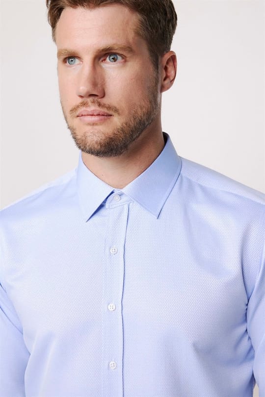 Modern Slim Fit Uzun Kollu Pamuklu Kolay Ütü Armürlü Erkek Mavi Gömlek