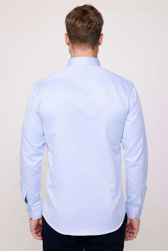 Modern Slim Fit Uzun Kollu Pamuklu Kolay Ütü Armürlü Erkek Mavi Gömlek