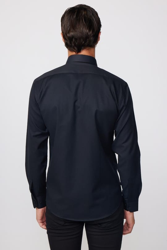Modern Slim Fit Uzun Kollu Pamuklu Kolay Ütü Armürlü Siyah Erkek Gömlek