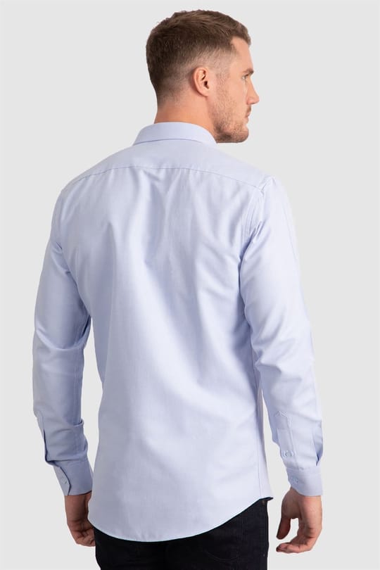 Modern Slim Fit Uzun Kollu Pamuklu Kolay Ütü Armürlü Erkek Mavi Gömlek