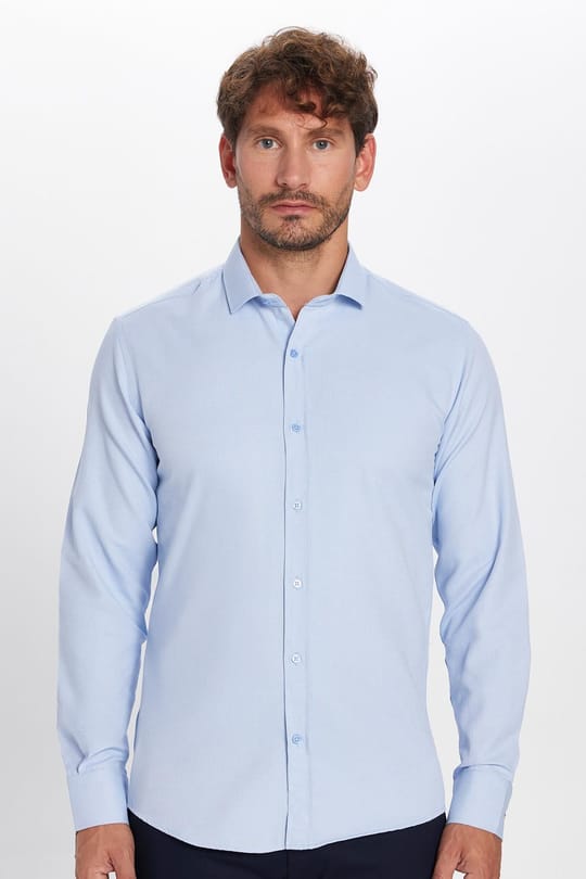 Modern Slim Fit Uzun Kollu Pamuklu Kolay Ütü Armürlü Mavi Erkek Gömlek