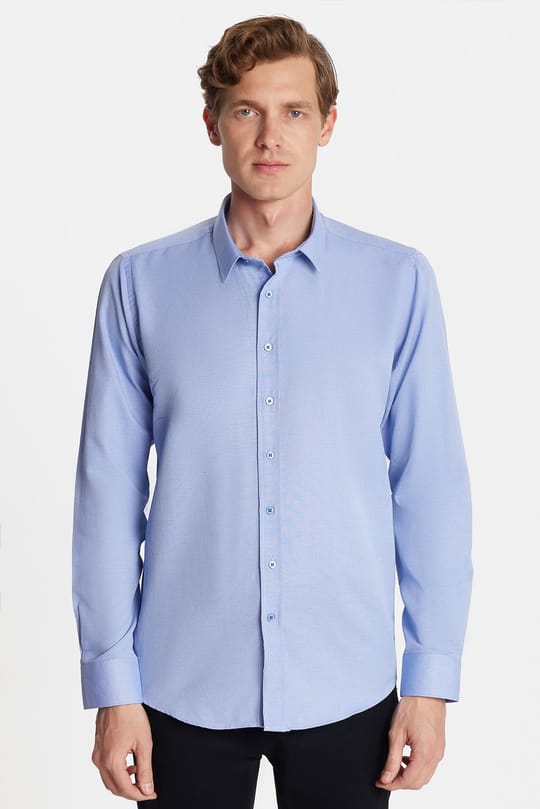 Modern Slim Fit Uzun Kollu Pamuklu Kolay Ütü Armürlü Mavi Erkek Gömlek