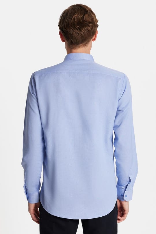 Modern Slim Fit Uzun Kollu Pamuklu Kolay Ütü Armürlü Mavi Erkek Gömlek