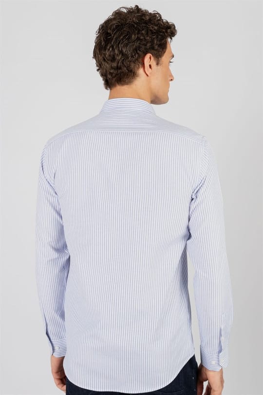 Modern Slim Fit Uzun Kollu Pamuklu Kolay Ütü Armürlü Erkek Mavi Gömlek