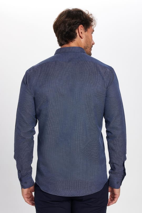 Modern Slim Fit Uzun Kollu Pamuklu Kolay Ütü Armürlü Erkek Lacivert Gömlek
