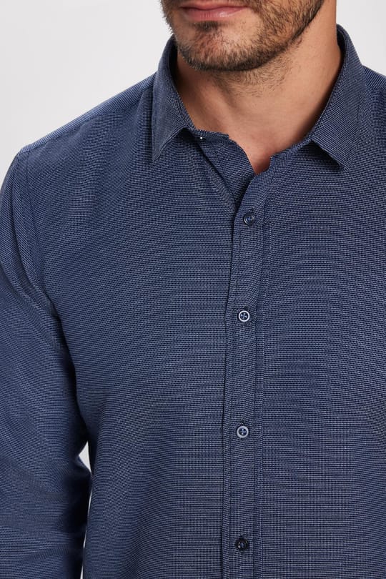 Modern Slim Fit Uzun Kollu Pamuklu Kolay Ütü Armürlü Erkek Lacivert Gömlek