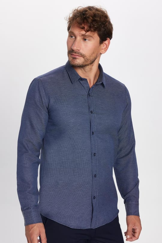 Modern Slim Fit Uzun Kollu Pamuklu Kolay Ütü Armürlü Erkek Lacivert Gömlek