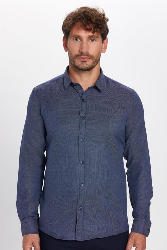 Modern Slim Fit Uzun Kollu Pamuklu Kolay Ütü Armürlü Erkek Lacivert Gömlek