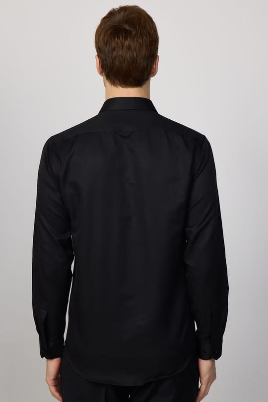 Modern Slim Fit Uzun Kollu Pamuklu Kolay Ütü Armürlü Erkek Siyah Gömlek