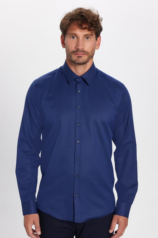 Erkek Modern Fit Dar Kesim Pamuklu Kolay Ütü Armürlü Lacivert Gömlek 