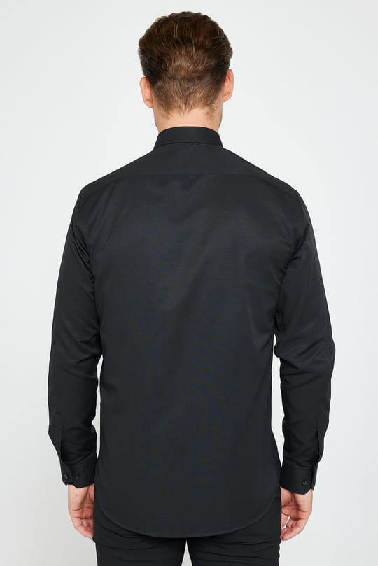 Modern Slim Fit Uzun Kollu Pamuklu Kolay Ütü Armürlü Erkek Siyah Gömlek