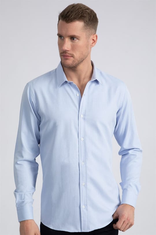 Modern Slim Fit Uzun Kollu Pamuklu Kolay Ütü Armürlü Erkek Mavi Gömlek