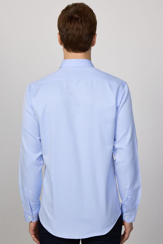 Modern Slim Fit Uzun Kollu Pamuklu Kolay Ütü Armürlü Erkek Mavi Gömlek