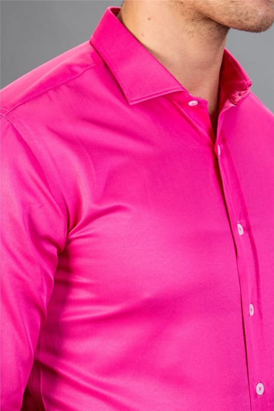 Modern Slim Fit Uzun Kollu Düz Saten Pamuklu Erkek Pembe Gömlek
