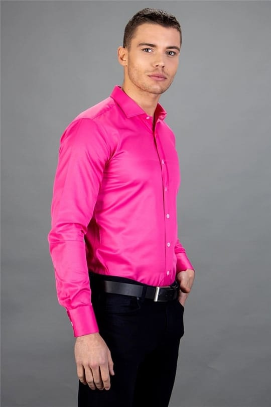 Modern Slim Fit Uzun Kollu Düz Saten Pamuklu Erkek Pembe Gömlek